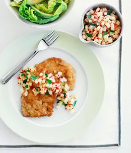 Crumbed pork steaks with pineapple, lime and chilli mojo