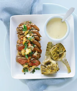 Sicilian-style steak with grilled artichokes and lemon mayonnaise