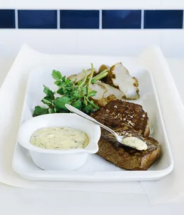 Char-grilled wagyu tri-tip with Jerusalem artichokes and olive oil and soft-herb hollandaise