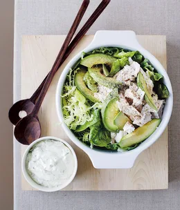 Verjuice-poached chicken and baby leaves with basil salad cream
