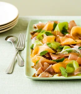 Rockmelon, mint and prosciutto salad with Pedro Ximénez syrup