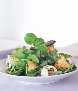 Char-grilled asparagus and mozzarella salad with warm caper vinaigrette