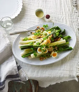 Leeks vinaigrette with quail eggs and brioche crumbs