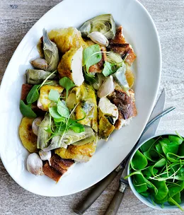 Roast chicken and potatoes with baguette, artichokes, sage and lemon