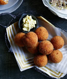 Crisp ham and cheese balls with mustard crème fraîche