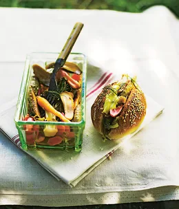 Confit rabbit and pickled vegetable sandwiches