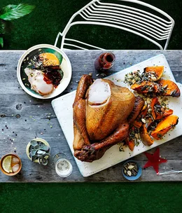 Cider-brined smoked turkey with cranberry barbecue sauce