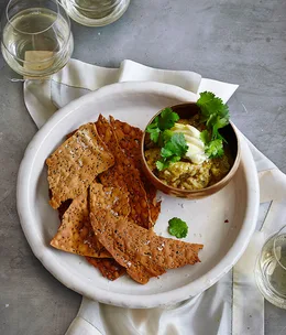 Charred eggplant dip with quick quinoa crackers