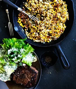 Southern-style flat-iron with potato and corn hash and baby cos with buttermilk dressing
