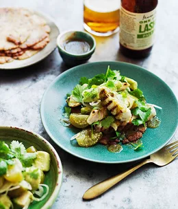 Kingfish with pique boricua and coriander arepas