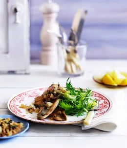 Pan-fried whiting with lemon and caper crumbs