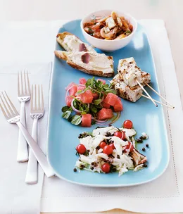 Swordfish kebabs with watermelon salad (pictured with school prawn saganaki, taramasalata toast and crab salad with cherry tomatoes and capers)