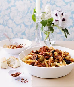 Baby octopus, tomato, eggplant and chilli pasta