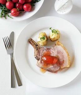 Standing pork roast with peach and rosemary jelly