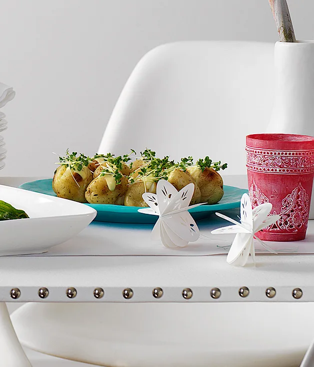 Jacket baby potatoes with mustard and garlic creme fraiche