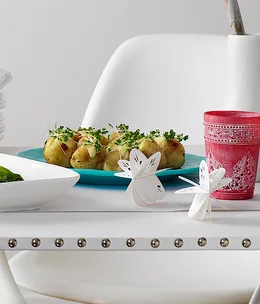 Jacket baby potatoes with mustard and garlic creme fraiche