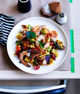 Prawn, corn and tomato salad with shiso and sesame