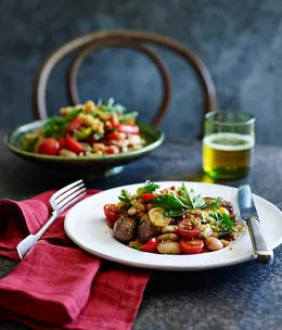 Italian sausages and beans with tomatoes, anchovies and sourdough