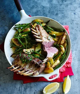 Pan-roasted lamb racks with baby potatoes, beans and mint
