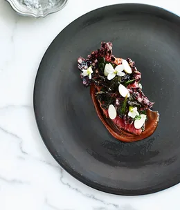 Duck poached in fermented green plum master stock with forbidden rice, umeboshi, spring almonds, amaranth