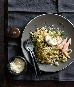 Tagliatelle with caramelised fennel, smoked trout and crème fraîche