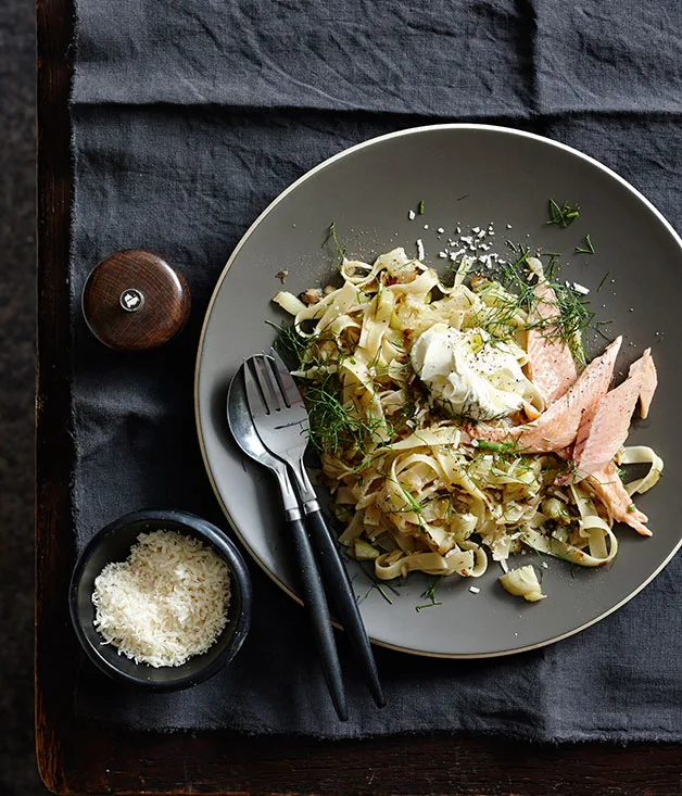 Tagliatelle with caramelised fennel, smoked trout and cr&egrave;me fra&icirc;che