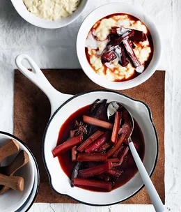 Coconut rice pudding with star anise and rhubarb
