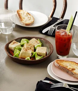 Deep-fried tofu, caraway, pickled cucumber and bacon sauce