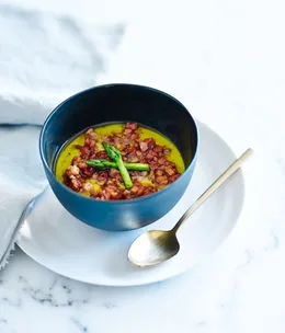 Royale of asparagus with speck dressing