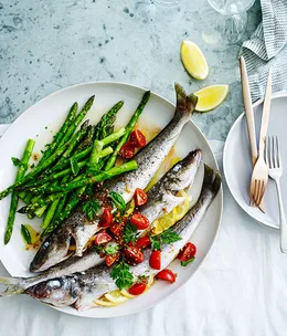 Roast whiting with asparagus and sauce vierge