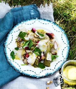 Poached leek, radish, walnut and goat’s cheese salad
