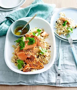 Ocean trout with lemon-cardamom rice