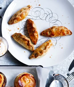 Spiced pasties with lime-pickle yoghurt