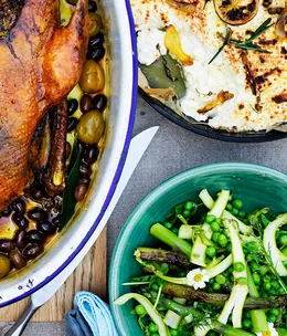 Baked ricotta with asparagus, pea and chamomile salad