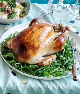 Roast turkey with pistachio and rosemary stuffing, and fig and mint salad