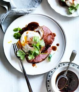 Ham steaks with fried egg and chilli tamarind sauce