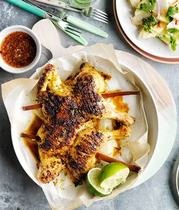 Sugarcane chicken with pineapple and coconut salad