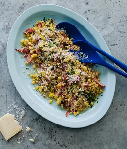 Quinoa-corn salad with bacon and hazelnuts