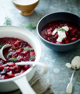 Beetroot soup with soured macadamia cream and dill