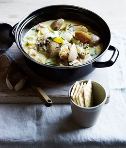 New England-style clam chowder and crackers