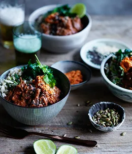 Rice bowl with braised oxtail and mole rojo