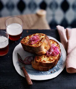 Cheddar and provolone toasties with quick-pickled onion