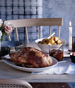 Roast duck with orange, bay, juniper and red wine