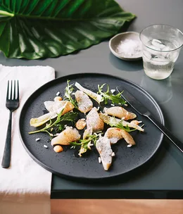 Torched kingfish with kimchi mayo, charred onion and black sesame oil