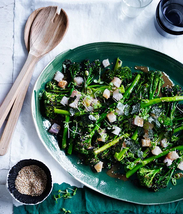 Charred broccolini with kingfish, miso and sesame
