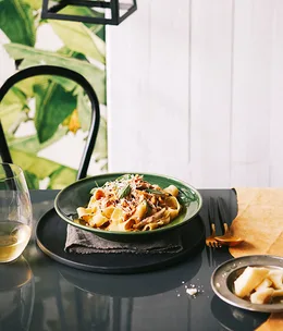 Pappardelle with braised rabbit, marjoram and hazelnuts
