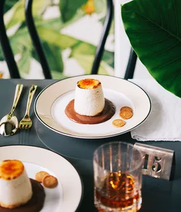 Malt beer floating islands with macadamia and chocolate wheat cream