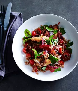 Squid, chorizo, spelt, blood orange and black garlic