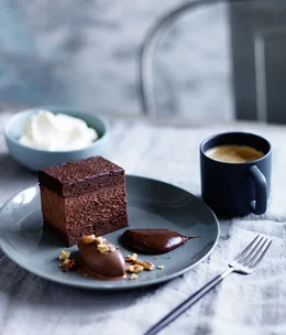 Dark chocolate délice, salted-caramel ganache and chocolate sorbet