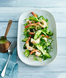 Poached prawns with cucumber, chervil and lamb’s lettuce salad